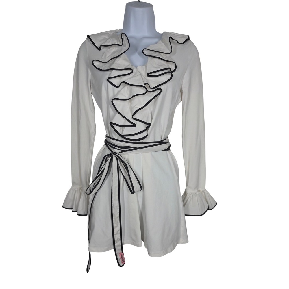 Anne Fontaine White Ruffle Wrap Tunic Blouse Dress Womens S/40 Coquette Piping - Picture 2 of 10